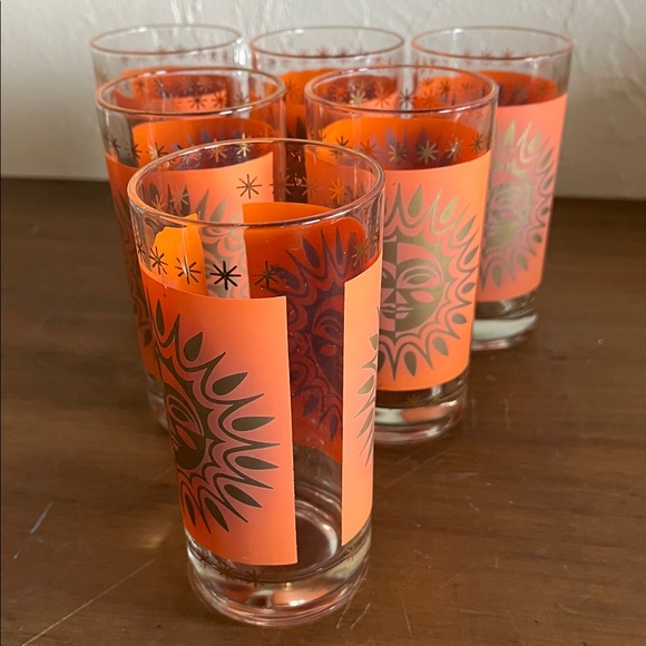 🌞Set of 6 Orange Aztec Celestial MCM 1960s Sunburst Drinking Glasses Tumblers🌞 - Picture 3 of 8